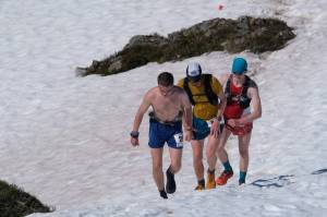 Runners move along the Juneau Ridge Race course during the outing in 2023. (Klas Stolpe / Juneau Empire)
