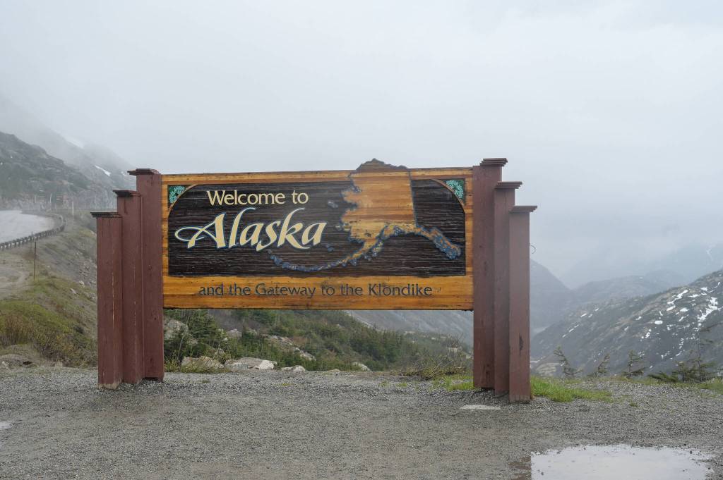 The Welcome to Alaska sign is seen on Tuesday, June 17, 2025. (Jasz Garrett / Juneau Empire)