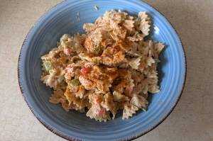 Shrimp pasta salad à la New Orleans limits the vegetables to celery and green onions and is mixed with a mayonnaise-based sauce. (Photo by Patty Schied)