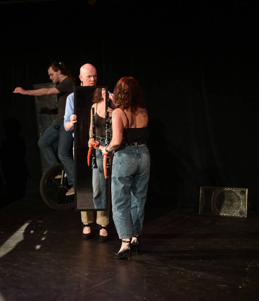 Cody Burnham (Candy Ginger) and Amy MacPherson (Pickle D. Ginger) rehearse for the group performance on Wednesday, June 25, 2025, at Perseverance Theatre. (Jasz Garrett / Juneau Empire)