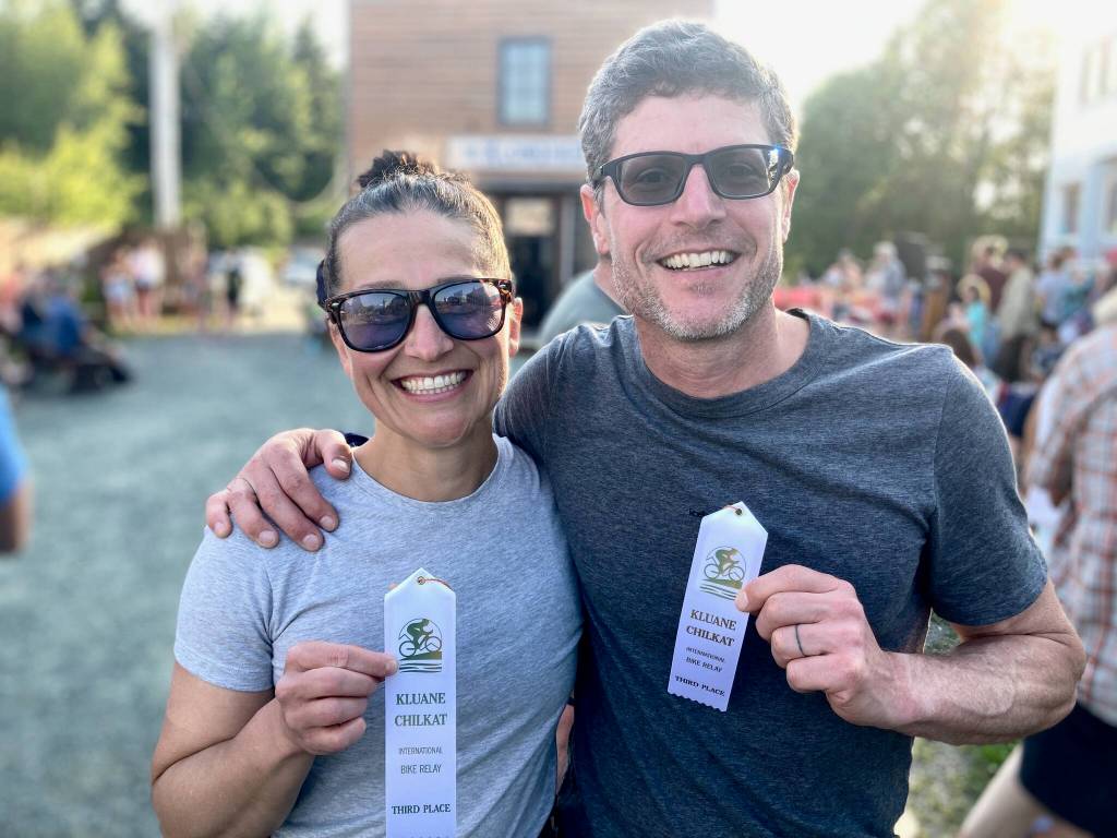 Douglas Alisha Falberg and Adam Moser  team Crazy As  placed third in the two-person mixed team category at last Saturdays Kluane to Chilkat International Bike Relay. They also placed 26th overall out of 284 teams. (Klas Stolpe / Juneau Empire)