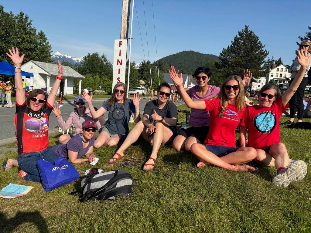 Juneaus eight-person womens team, Alaska Scud Riders, celebrates after finishing the Kluane to Chilkat International Bike Relay last Saturday in Haines. (Photo courtesy Suzanne McGee Sauerteig)