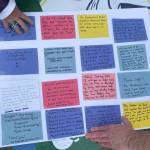 Demonstrators paste written accounts of their experiences with Medicaid on a poster board on Friday, June 27, 2025. (Natalie Buttner / Juneau Empire)