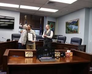 Rosita Kaaháni Worl congratulates X̱unei Lance Twitchell on his accomplishments in language preservation at his legislative citation ceremony at the Alaska State Capitol on Saturday, June 28, 2025. (Ellie Ruel / Juneau Empire)
X̱unei Lance Twitchell receives his legislative citation from Rep. Andi Story, (D-Juneau) at a ceremony at the Alaska State Capitol on Saturday, June 28, 2025. (Ellie Ruel / Juneau Empire)