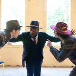 Lake Bartlett as Claudio, Bryan Crowder as Leonato, and James Patrick as Don Pedro scheme on stage during tech week. (Courtesy of Flordelino Lagundino)