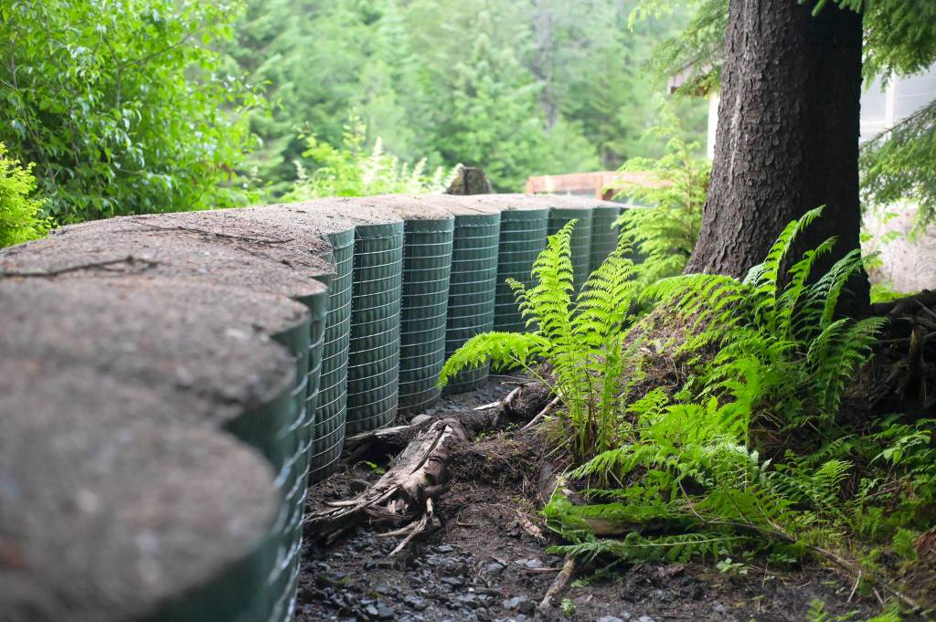 Phase One of the HESCO barriers ended in the backyard of a residence on Rivercourt Way on Monday, May 12. The extension, Phase One A, interconnected the barriers through a gap in the back fence along the river adjacent to Dimond Park from the end of Rivercourt Way. (Jasz Garrett / Juneau Empire)