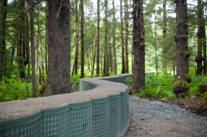 HESCO barriers wind through the forest near Thunder Mountain Middle School on Thursday, June 26, 2025. (Jasz Garrett / Juneau Empire)