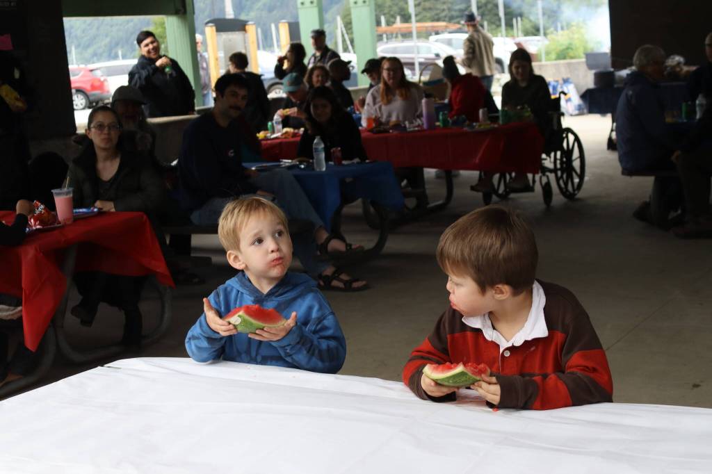 The 4- to 6-year-olds compete in the watermelon-eating contest at Savviko Park on Thursday, July 3, 2025. (Ellie Ruel / Juneau Empire)