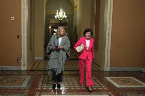 From left, Senators Lisa Murkowski (R-Alaska) and Susan Collins (R-Maine) head to the Senate chamber at the Capitol in Washington on Tuesday morning, July 1, 2025. Senate Republicans were racing on Tuesday morning to lock down the votes to pass their sweeping tax and domestic police bill, after an all-night session of voting and negotiating with holdouts left Trump’s agenda hanging in the balance. (Tierney L. Cross/The New York Times)