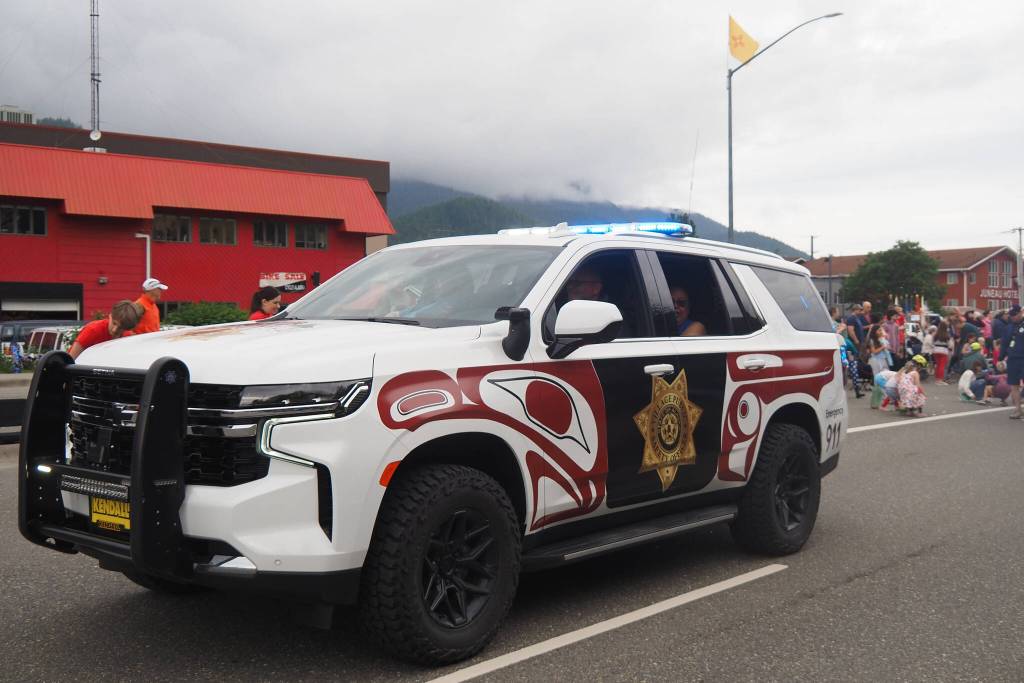 The new Tlingit and Haida Village Public Safety Officer vehicle, unveiled at the 2025 July Fourth Parade in downtown Juneau. The formline design on the wrap symbolizes protection and community. (Natalie Buttner / Juneau Empire)