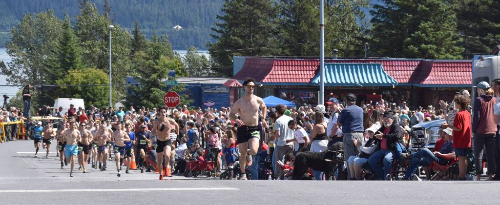 The second wave of the mens race goes off in front of big crowds at the Mount Marathon Race on July 4, 2025, in Seward, Alaska. (Photo by Jeff Helminiak/Peninsula Clarion)