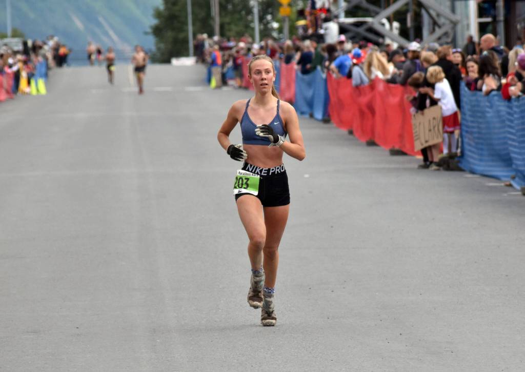 Kenais Tania Boonstra, 17, finishes second in the junior girls race at the Mount Marathon Race on July 4, 2025, in Seward, Alaska. (Photo by Jeff Helminiak/Peninsula Clarion)