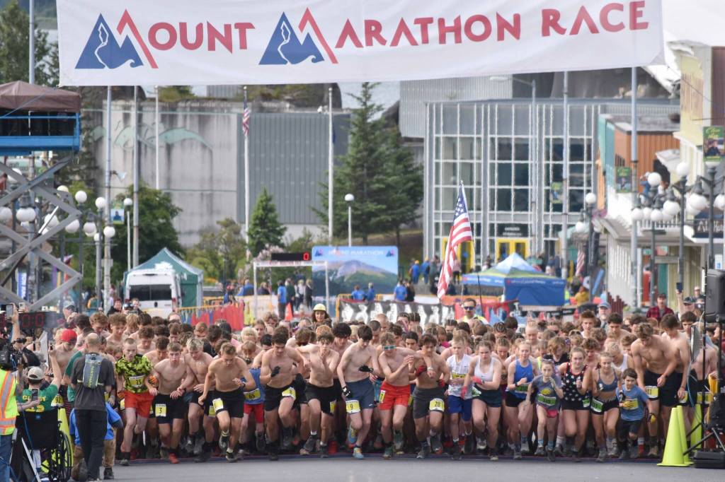 The juniors start at the Mount Marathon Race on July 4, 2025, in Seward, Alaska. (Photo by Jeff Helminiak/Peninsula Clarion)