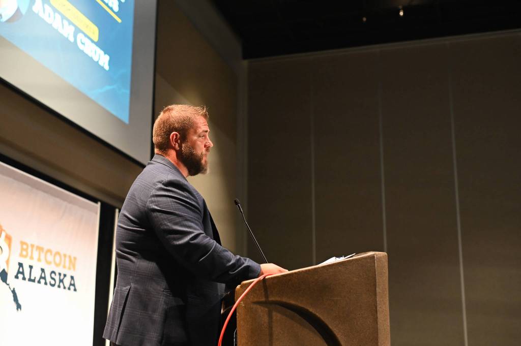 Commissioner of the Alaska Department of Revenue, Adam Crum, delivers his keynote speech on Sunday, July 6, 2025. (Jasz Garrett / Juneau Empire)