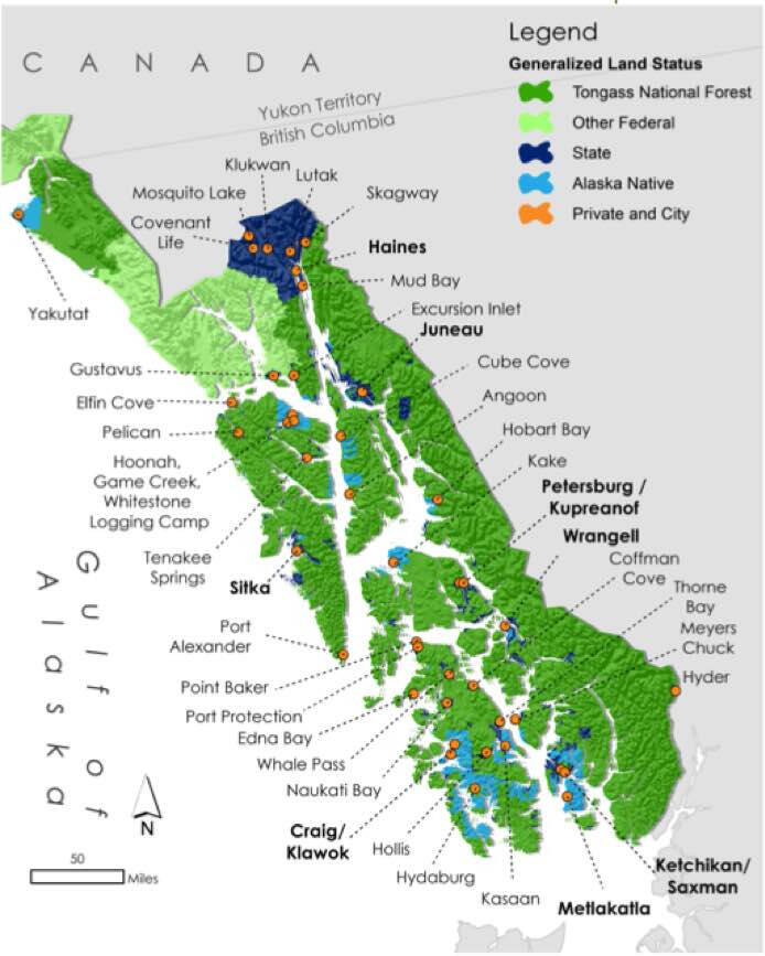 Southeast Alaska village and land ownership map showing Hoonah in relation to Juneau. (Source: Juneau Economic Development Council, 2010)