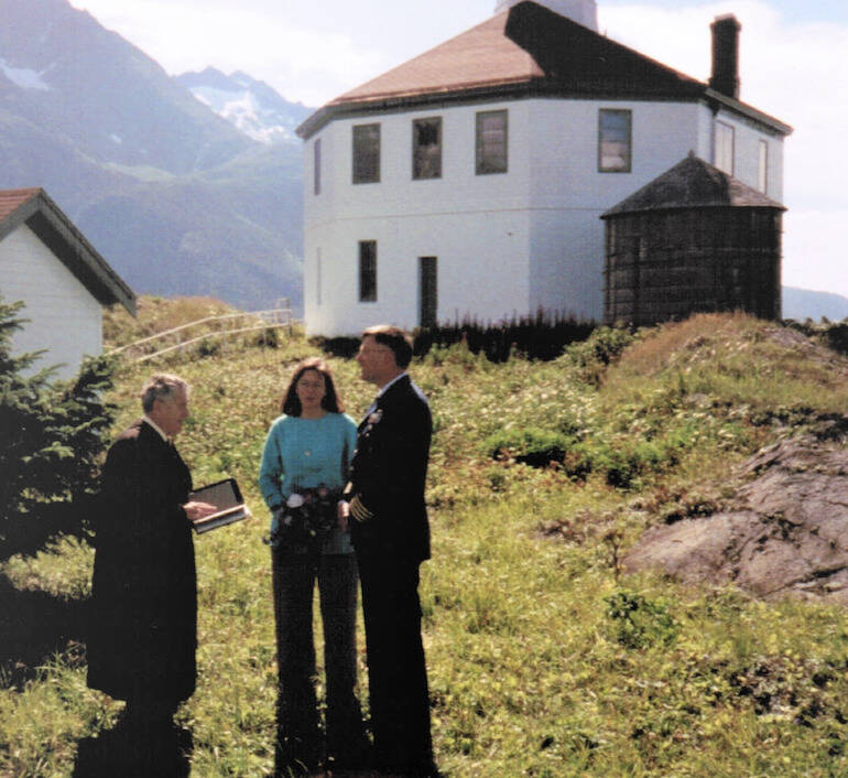 Aug. 2, 1997: Brian and Allie Peterman had the first wedding on Eldred Rock Island. (Photo courtesy of Eldred Rock Lighthouse Preservation Association)