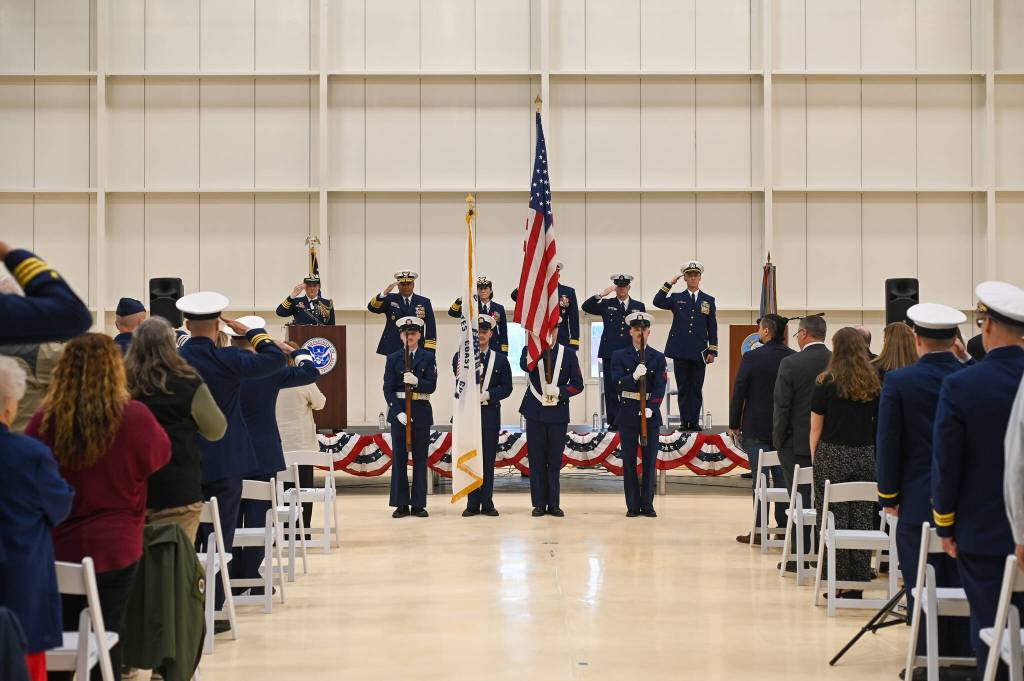 The U.S. Coast Guard Ceremonial Honor Guard leads the presentation of colors on Friday, July 11, 2025. (Jasz Garrett / Juneau Empire)