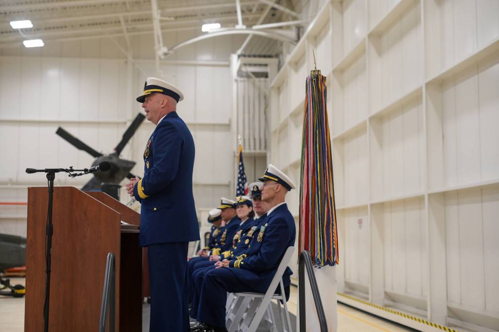 Rear Admiral Bob Little gives remarks as Arctic District commander after the transfer of command is complete on Friday, July 11, 2025. (Jasz Garrett / Juneau Empire)