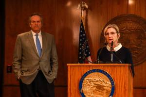 Deena Bishop, commissioner of the Department of Education and Early Development, discusses the status of school districts finances during a press conference with Gov. Mike Dunleavy at the Alaska State Capitol on Thursday, April 17, 2025. (Jasz Garrett / Juneau Empire)