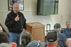 U.S. Senator Dan Sullivan, R-Alaska, speaks to Anchor Point residents during a community meeting held at the Virl "Pa" Haga VFW Post 10221 on Friday, May 30, 2025, in Anchor Point, Alaska. (Delcenia Cosman/Homer News)