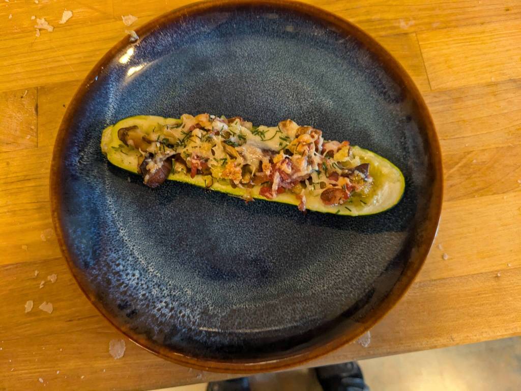 Baked stuff zucchini boats are ready to eat. (Photo by Patty Schied)