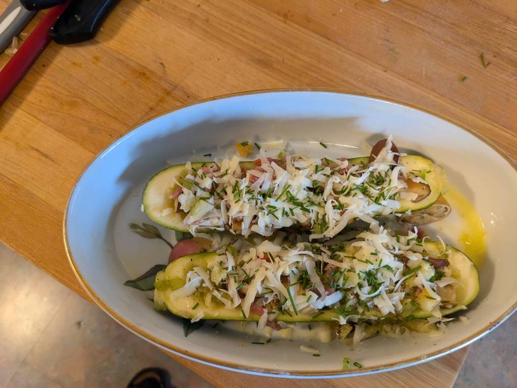 Stuffed zucchini boats are ready to be baked. (Photo by Patty Schied)