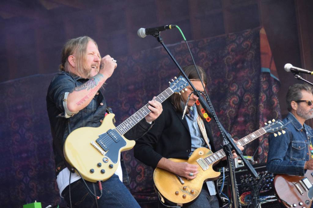 Devon Allman (left) and Duane Betts (center) lead the Allman Betts Band during their Salmonfest performance on the River Stage on Sunday, Aug. 3, 2025, at the Kenai Peninsula Fairgrounds in Ninilchik, Alaska. (Delcenia Cosman/Homer News)