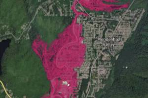 A flood inundation map shows areas in Juneau's Mendenhall Valley that are urged to evacuate during the 2025 annual glacial outburst flooding event, which is estimated to have begun Monday evening and expected to crest Wednesday afternoon.