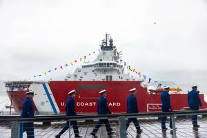 Sailors participate in the commissioning ceremony for U.S. Coast Guard polar icebreaker Storis, on Sunday, Aug. 10, 2025, in Juneau, Alaska. (Image courtesy the Office of U.S. Sen. Dan Sullivan)