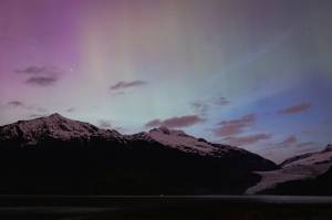 The northern lights are pictured near the Mendenhall Glacier on Sept. 3, 2025. (Chloe Anderson for the Juneau Empire)
