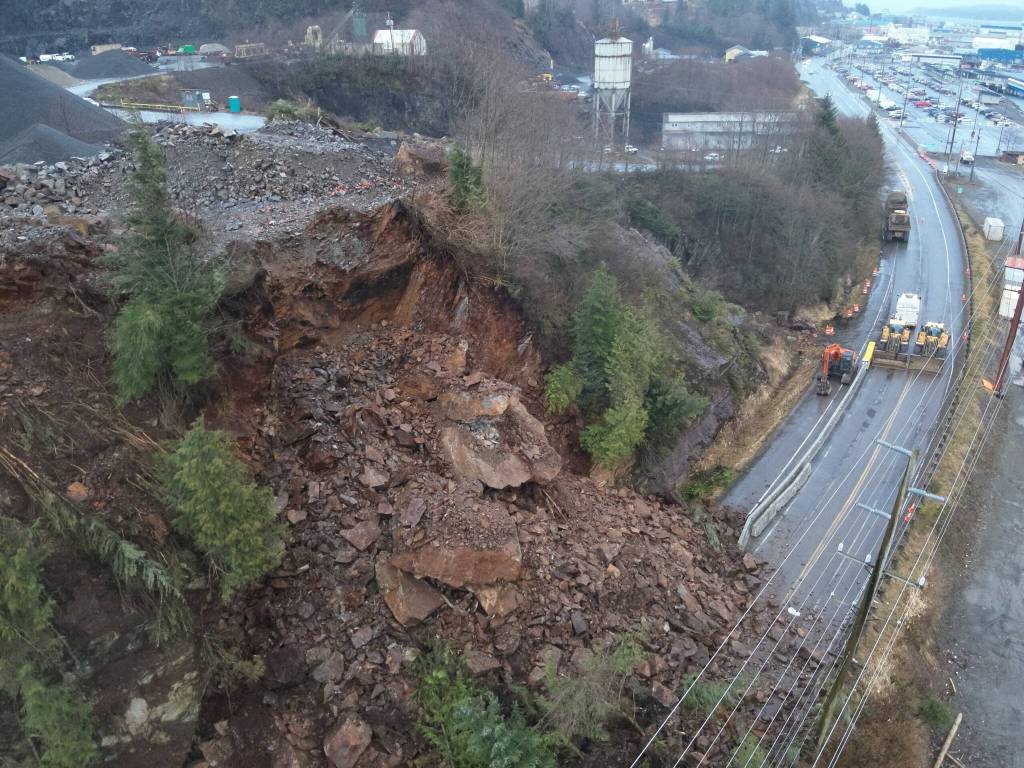 A Ketchikan landslide covers the Tongass Highway at a spot called Wolfe Point on March 20, 2025. The slide closed that part of the highway for days after, but there were no injuries that resulted from it. (Photo provided by the Alaska Department of Transportation and Public Facilities)