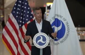 US DoT screenshot
U.S. Transportation Secretary Sean P. Duffy hold a news conference at Newark Liberty International Airport on Oct. 6, 2025, to discuss the impacts of the ongoing government shutdown on the nations transportation systems.