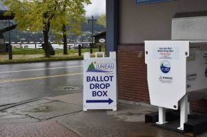 The ballot drop box at City Hall Assembly Chambers is one of five stationed around Juneau. (Mari Kanagy / Juneau Empire)
