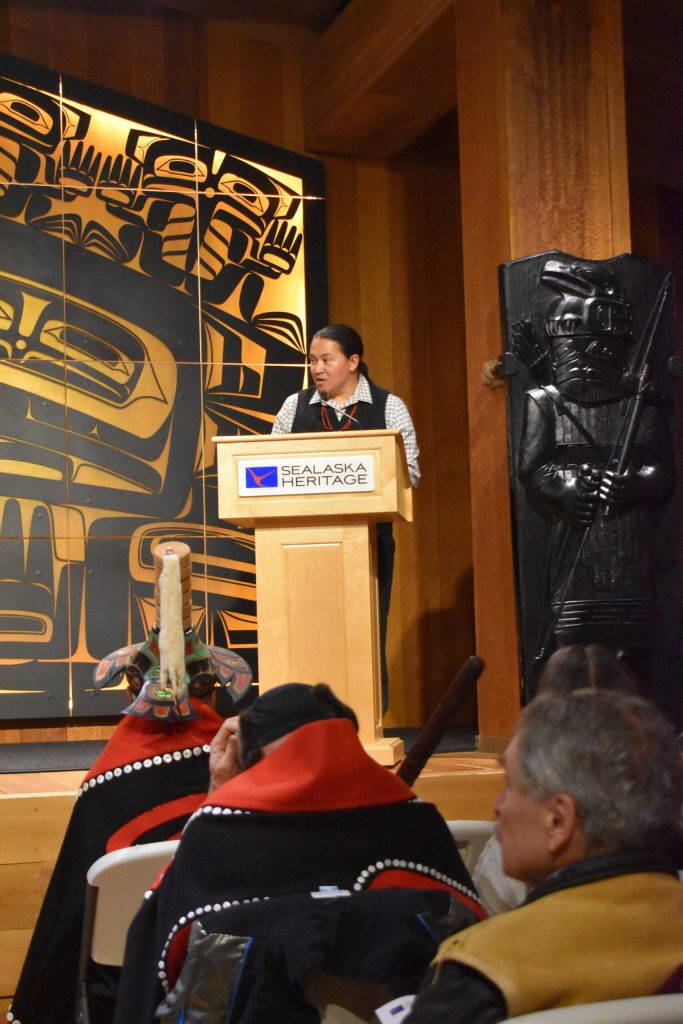Photos by Mari Kanagy / Juneau Empire 
Lance Xunei Twitchell moderates the ceremony at Shuká Hít (clan house) in the Walter Soboleff Building on Monday. Twitchell said that cultivation of Native art and architecture around Juneau contributes to a massive restoration of the visual landscape of our peoples.