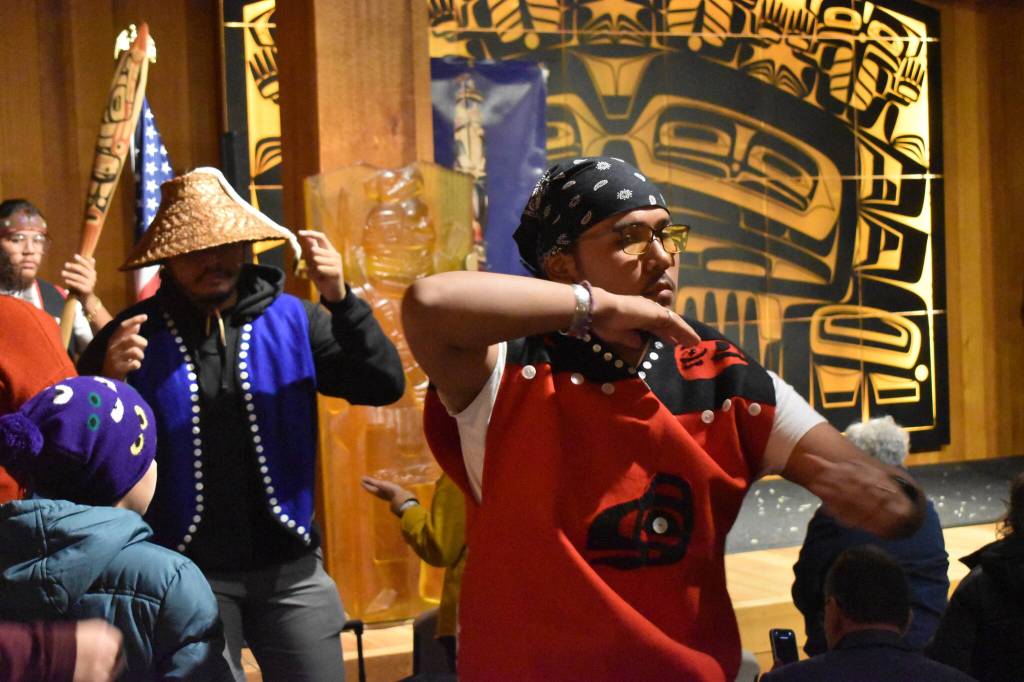 The Sukteeneidí Clan and Yées Ku.oo Dance Group lead the grand exit dance, marking the end of the three-hour ceremony at the Walter Soboleff Building on Monday, Oct. 13.