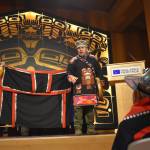 Joe Yeilnaawú Zuboff performs Yéik Utee (Imitating the Spirits) at the Sealaska Heritage Institute ceremony on Monday. "We're calling on our ancestors, the ones before us that got us to this point we're to give thanks to them," Zuboff said. (Mari Kanagy / Juneau Empire)