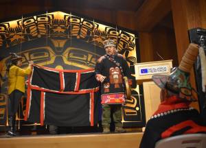 Joe Yeilnaawú Zuboff performs Yéik Utee (Imitating the Spirits) at the Sealaska Heritage Institute ceremony on Monday. "We're calling on our ancestors, the ones before us that got us to this point we're to give thanks to them," Zuboff said. (Mari Kanagy / Juneau Empire)