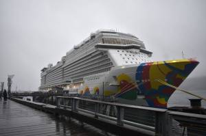 The Norwegian Encore at the Alaska Steamship Wharf on Tuesday, the final cruise ship of the season. (Mari Kanagy / Juneau Empire)