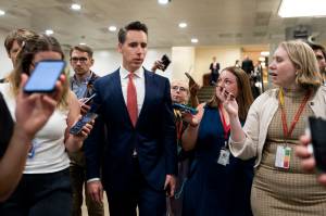 Tierney L. Cross/The New York Times
Sen. Josh Hawley (R-Mo.) speaks to reporters at the Capitol in Washington, June 24, 2025. Hawley is one of the sponsors of the Faster Labor Contracts Act.