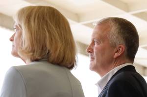 Alaska U.S. Senators Lisa Murkowski and Dan Sullivan attend a U.S. Coast Guard ceremony in Juneau in June 2023. (Clarise Larson / Juneau Empire File)