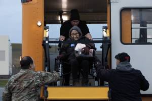 Alaska National Guard photo by Alejandro Peña
Alaska Air National Guard C-17 Globemaster III aircrew, assigned to the 176th Wing, arrive at Joint Base Elmendorf-Richardson, Alaska, with 62 evacuated residents from western Alaska, Oct. 17, 2025.