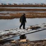 Alaska National Guard photo by Staff Sgt. Joseph Moon
Eric Phillip, the boardwalk foreman for Kongiganak, Alaska, surveys infrastructure damage caused by Typhoon Halong, Oct. 18, 2025. The Alaska Organized Militia continues coordinated response operations in support of the State Emergency Operation Center following the 2025 West Coast Storm as the mission focus, pursuant to Governor Dunleavys declaration of disaster, shifts from lifesaving to life sustainment and stabilization of communities and survivors.