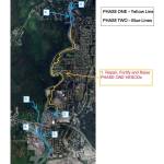 A map shows the existing HESCO barriers (in yellow), and the plans for future flood mitigation barriers to be funded by the Army Corps of Engineers and completed by July, 2026 (in blue). (City and Borough of Juneau screenshot)