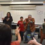Photos by Mari Kanagy/Juneau Empire
Yuxgitisiy George Holly, center, leads a Lingít dance and drumming class at Sít Eetí Shaanáx – Glacier Valley Elementary School on Oct. 23, 2025.