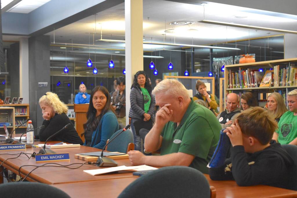 Former Board of Education Member Emil Mackey says an emotional farewell at the Board of Education Meeting on Oct. 28, 2025. (Mari Kanagy/Juneau Empire)