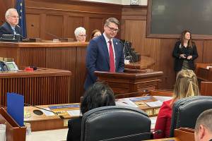 U.S. Rep. Nick Begich III, R-Alaska, addresses a joint session of the Alaska Legislature. (Mark Sabbatini file photo)