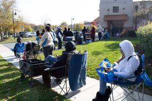 Furloughed federal workers stand in line for hours ahead of a special food distribution by the Capital Area Food Bank and No Limits Outreach Ministries on Barlowe Road in Hyattsville, Maryland, on Tuesday, Oct. 28, 2025. (Photo by Ashley Murray/States Newsroom)