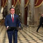 House Speaker Mike Johnson, R-La., talks with reporters inside Statuary Hall in the U.S. Capitol building on Wednesday, Nov. 12, 2025. (Photo by Jennifer Shutt/States Newsroom)