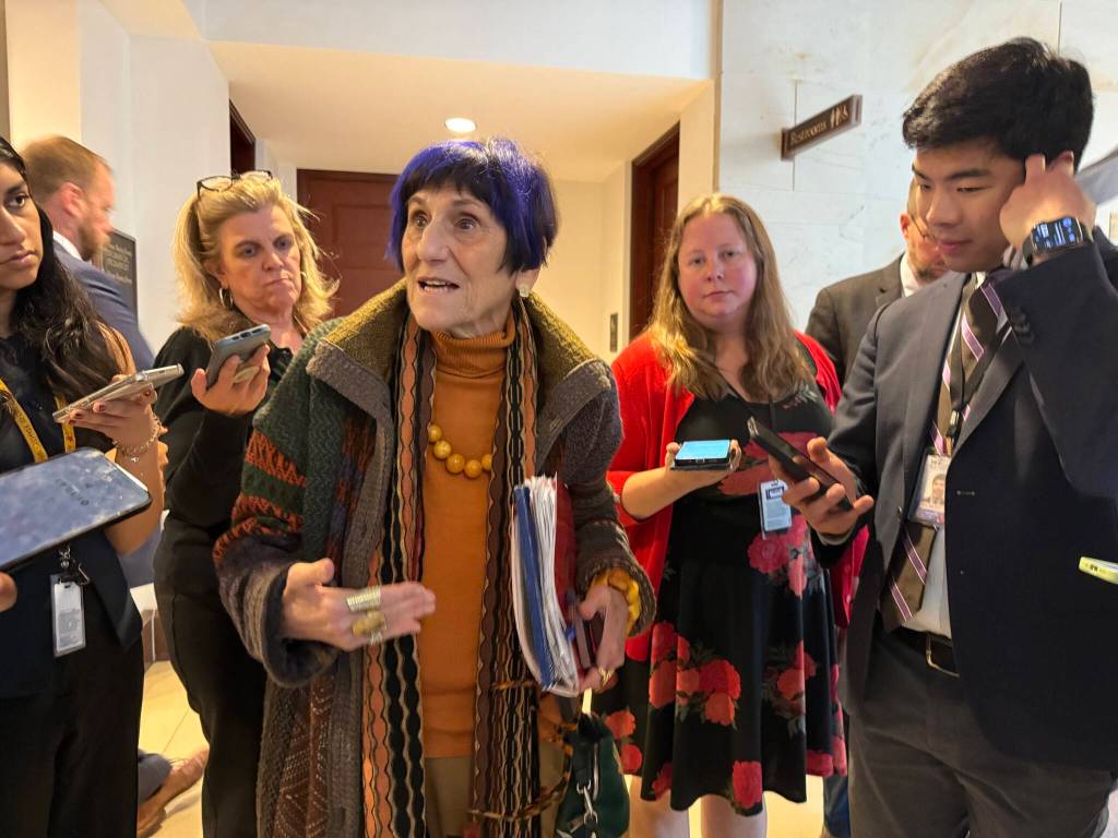 U.S. House Appropriations Committee ranking member Rosa DeLauro, D-Conn., speaks with reporters inside the Capitol building on Wednesday, Nov. 12, 2025. (Photo by Jennifer Shutt/States Newsroom)