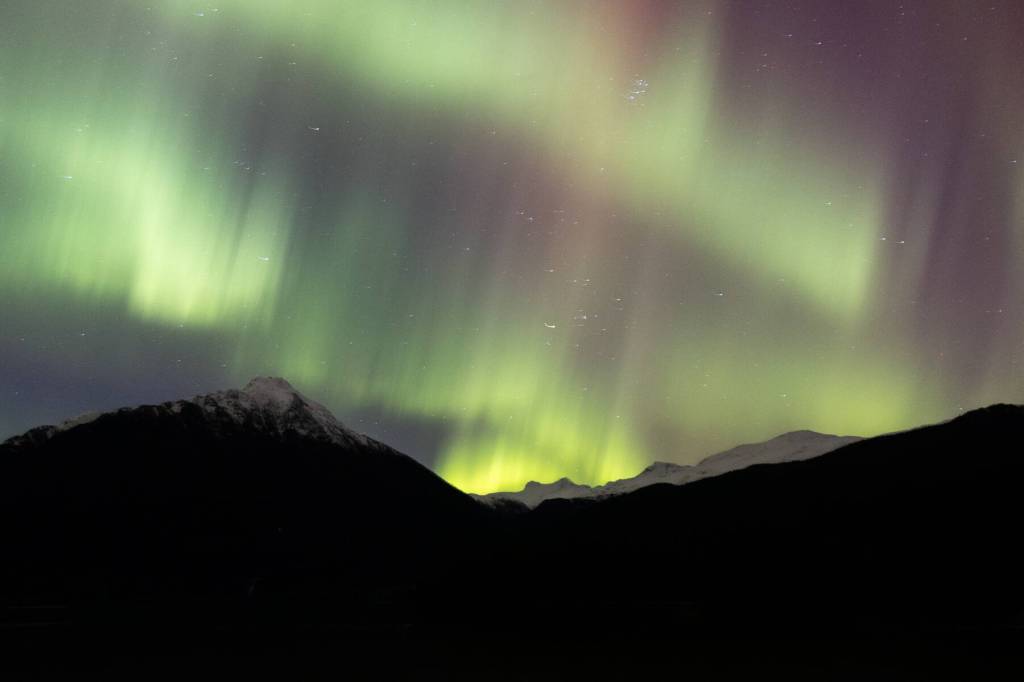 The aurora borealis is seen from Mendenhall Lake in Juneau on Nov. 12, 2025. A series of solar flares caused unusually bright displays of the northern lights across Alaska Tuesday and Wednesday nights. (Chloe Anderson/Peninsula Clarion)